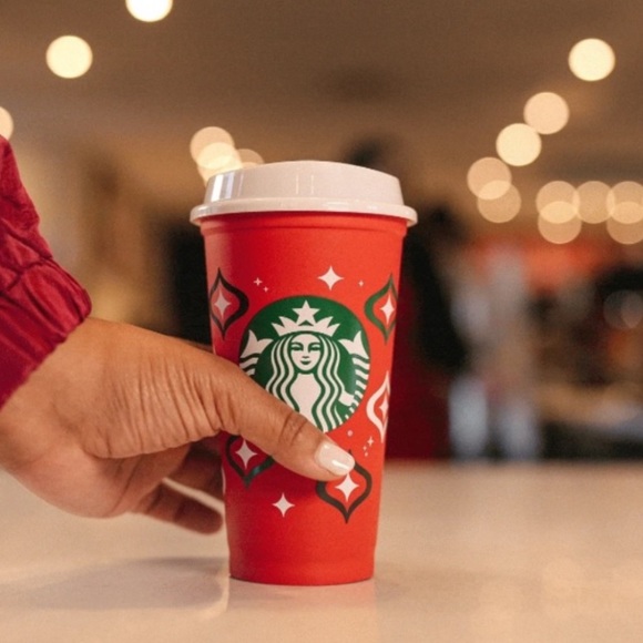 New Starbucks 2023 Red Reusable Star Print Cup Day Grande Hot Cup with Lid 16 Oz - Picture 2 of 9